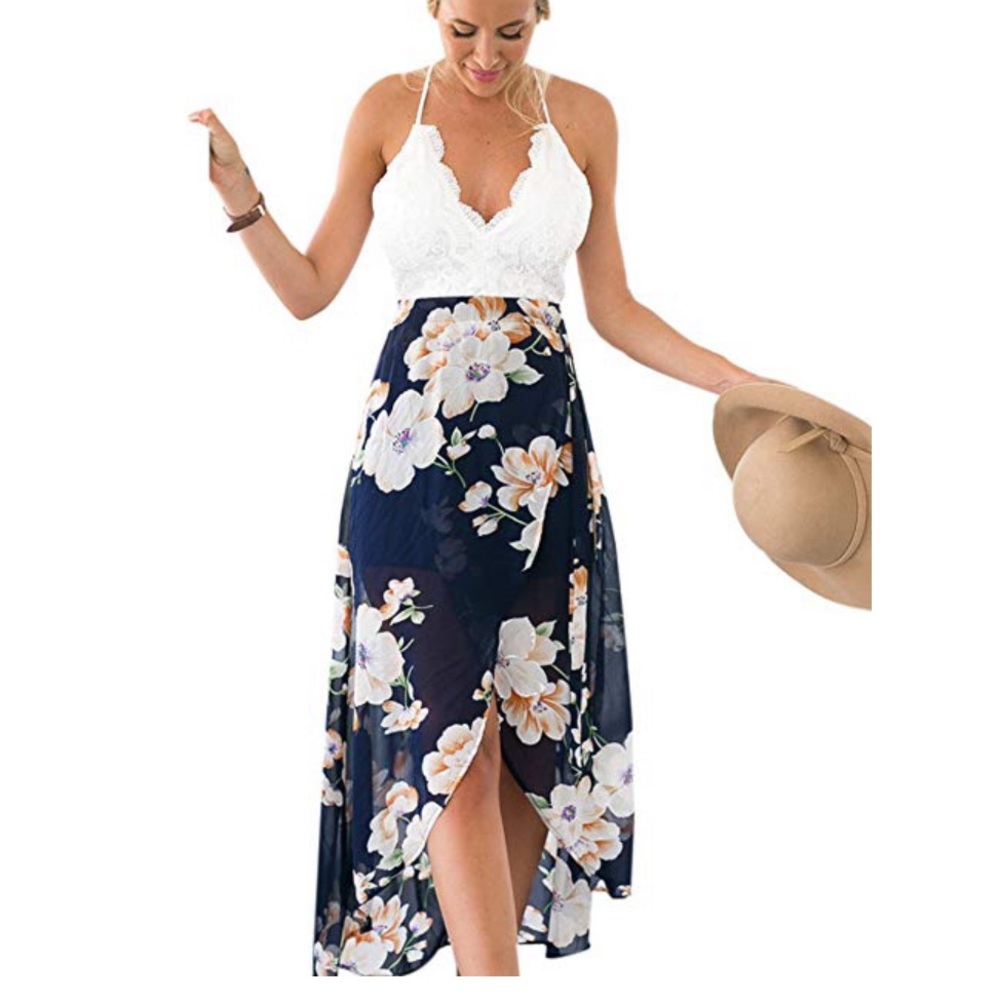 Backless floral and white lace dress